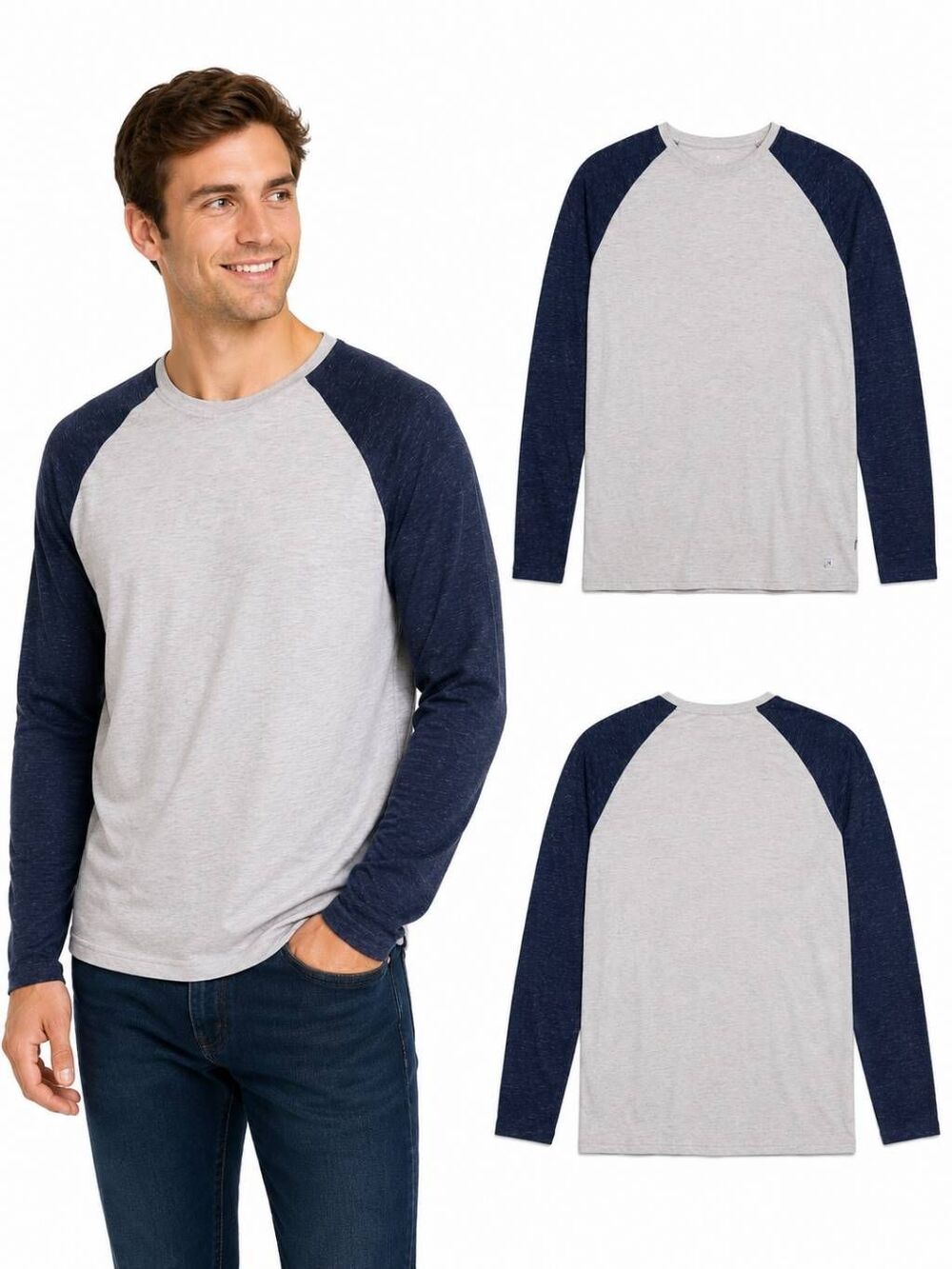 Departwest Men’s L Gray Blue Raglan Baseball Tee Long Sleeve Casual